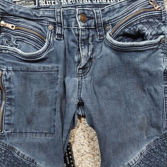 Rock Revival Moto Taniel Slim Stretch Distressed Thick Stitched Jeans Mens 31x28 - Picture 3 of 12